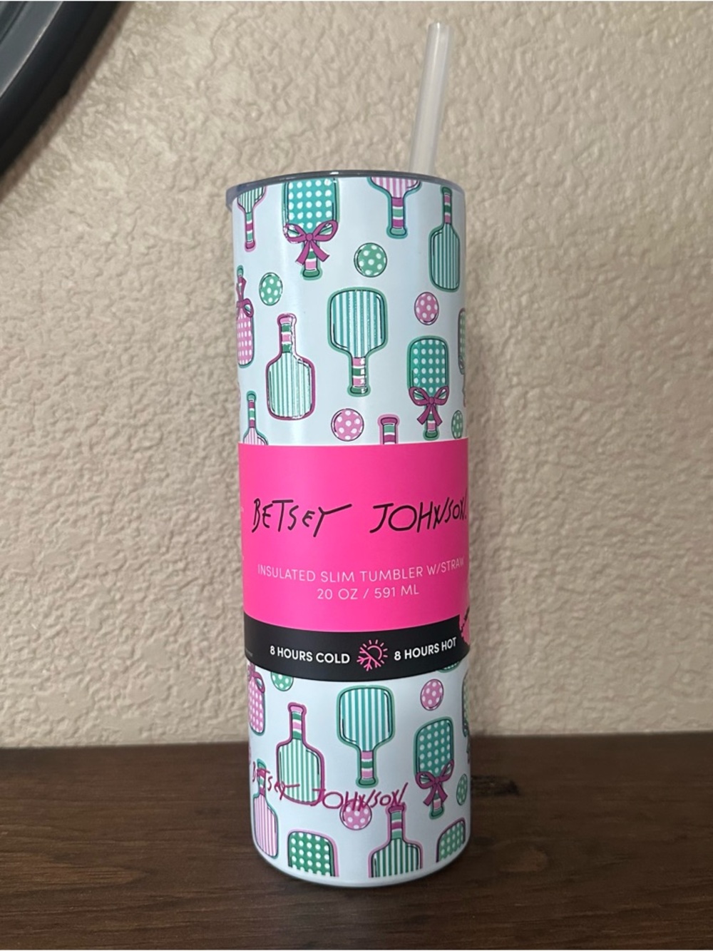 Betsey Johnson Pickleball insulated tumbler with straw 20 oz NEW pink green